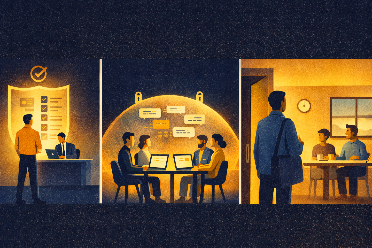 Three scenes: confident compliance, protected team collaboration, getting home for dinner