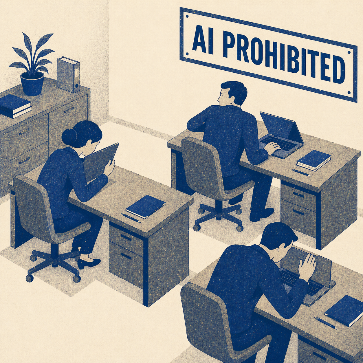 Office with AI PROHIBITED sign while laptops sit hidden under desks