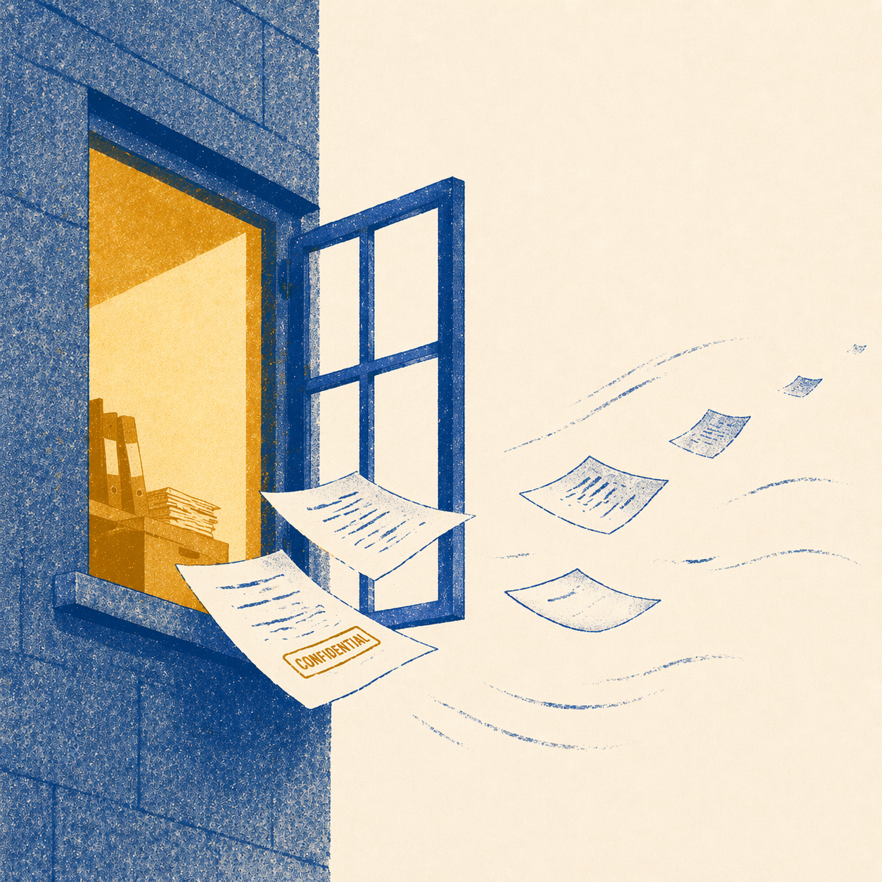 Confidential documents flying out of an office window