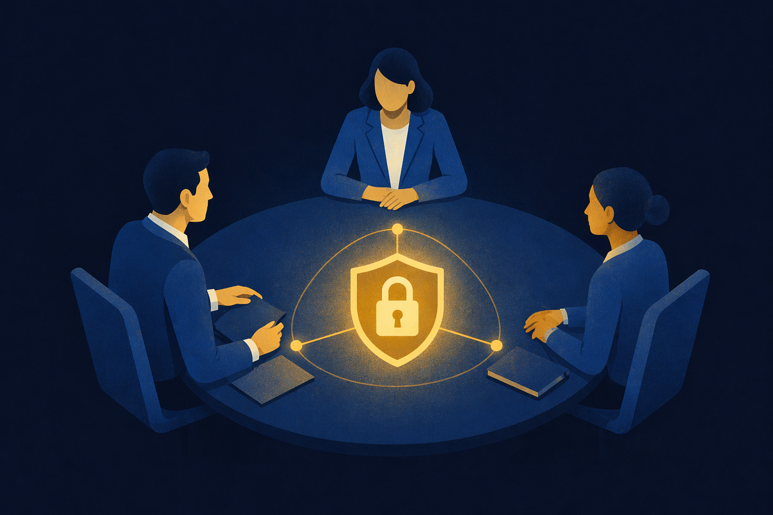 Three professionals collaborating around a shield representing secure partnership