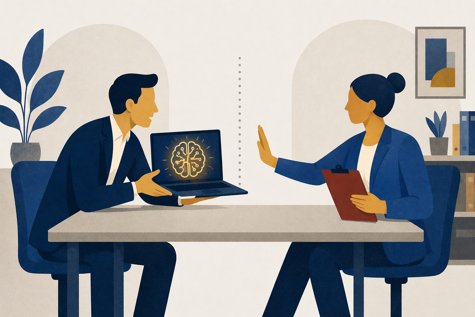 Two professionals at a desk: one presenting AI, the other holding up a hand