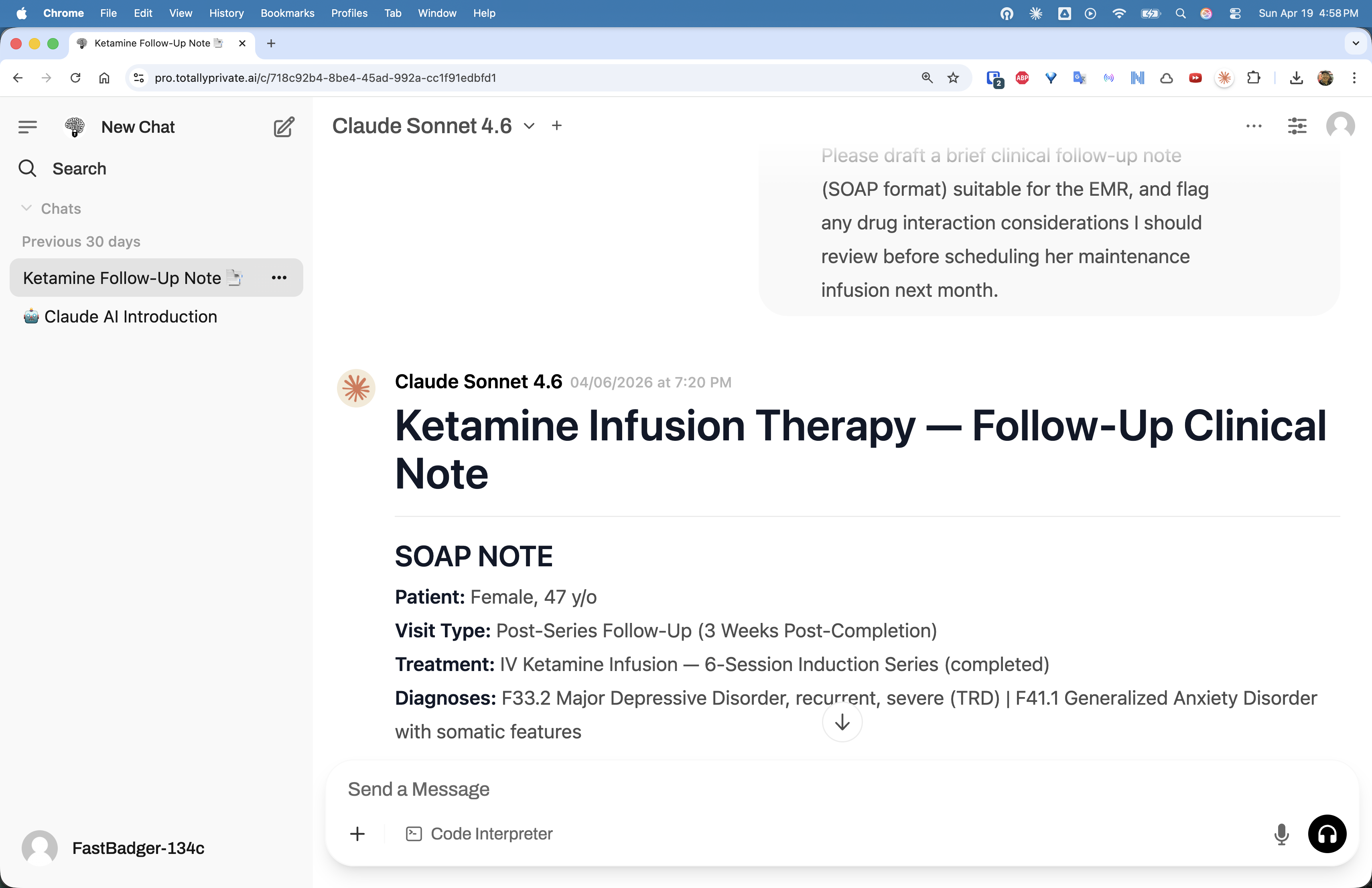 Totally Private AI interface showing a private AI chat session with a clinical note