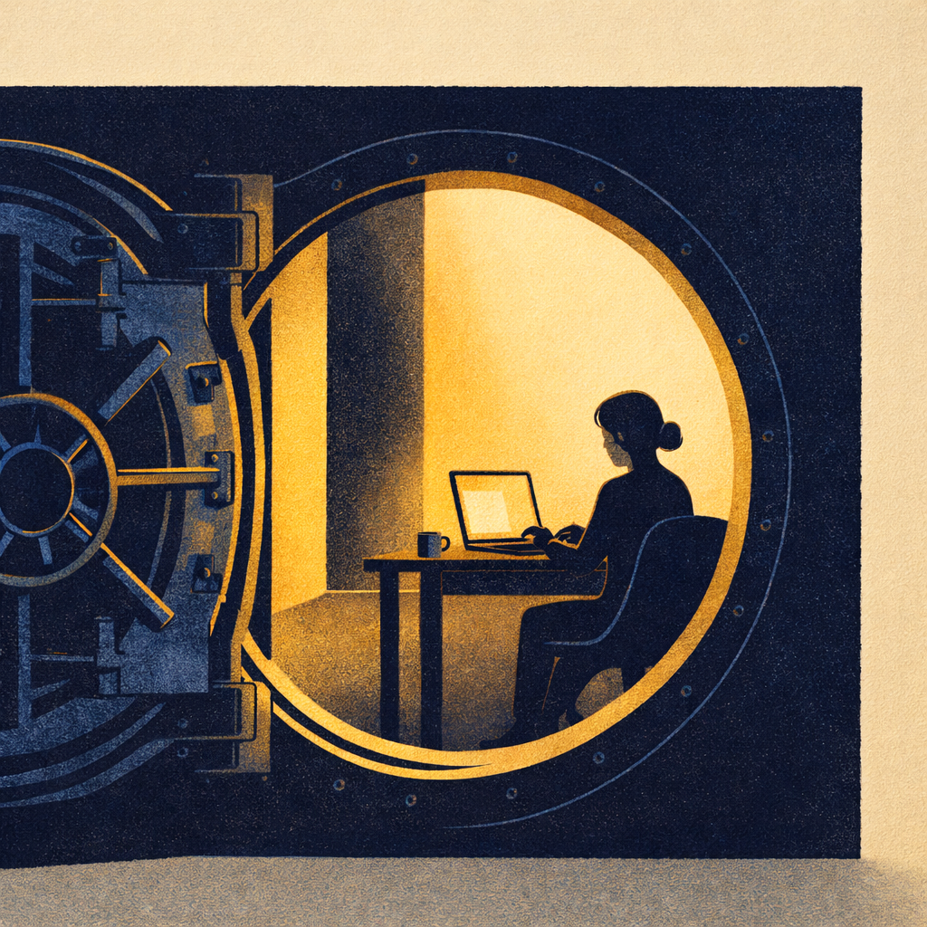 Person working calmly at a laptop inside a vault, warm golden light